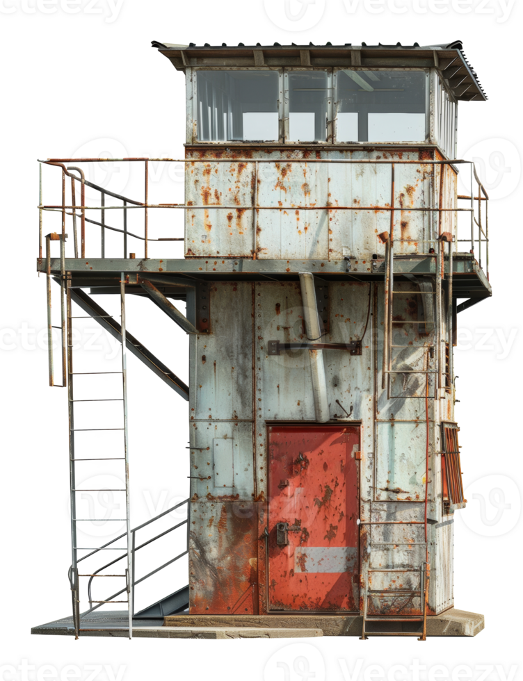 Rusty metal observation tower with red door, cut out - stock .. png