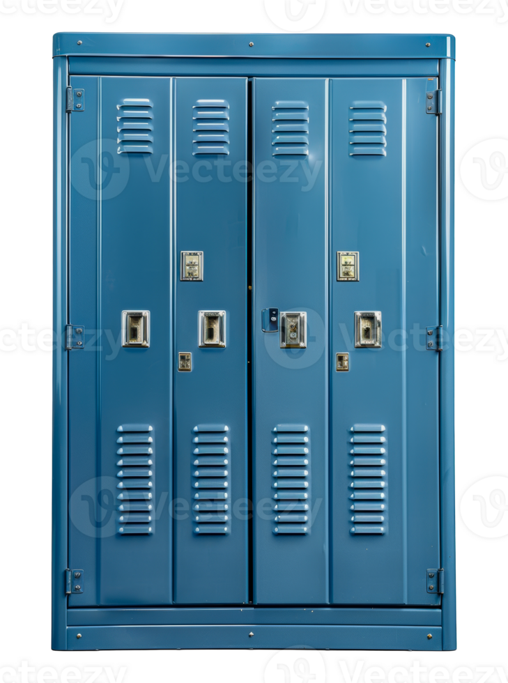 Blue metal school lockers with padlocks, cut out - stock .. png