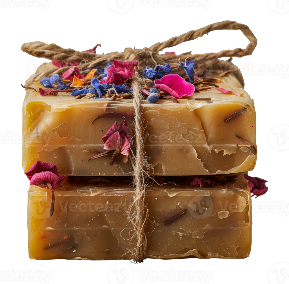 Handmade soap bars tied with twine and natural additives, cut out - stock . png