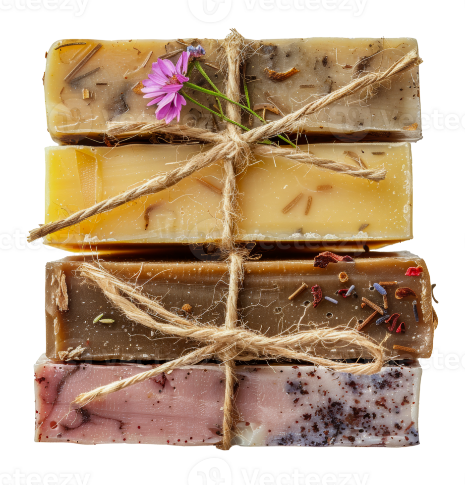 Handmade soap bars tied with twine and natural additives, cut out - stock . png
