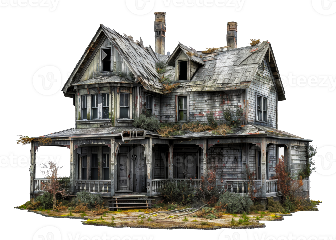 Victorian style abandoned house with detailed architecture, cut out - stock .. png