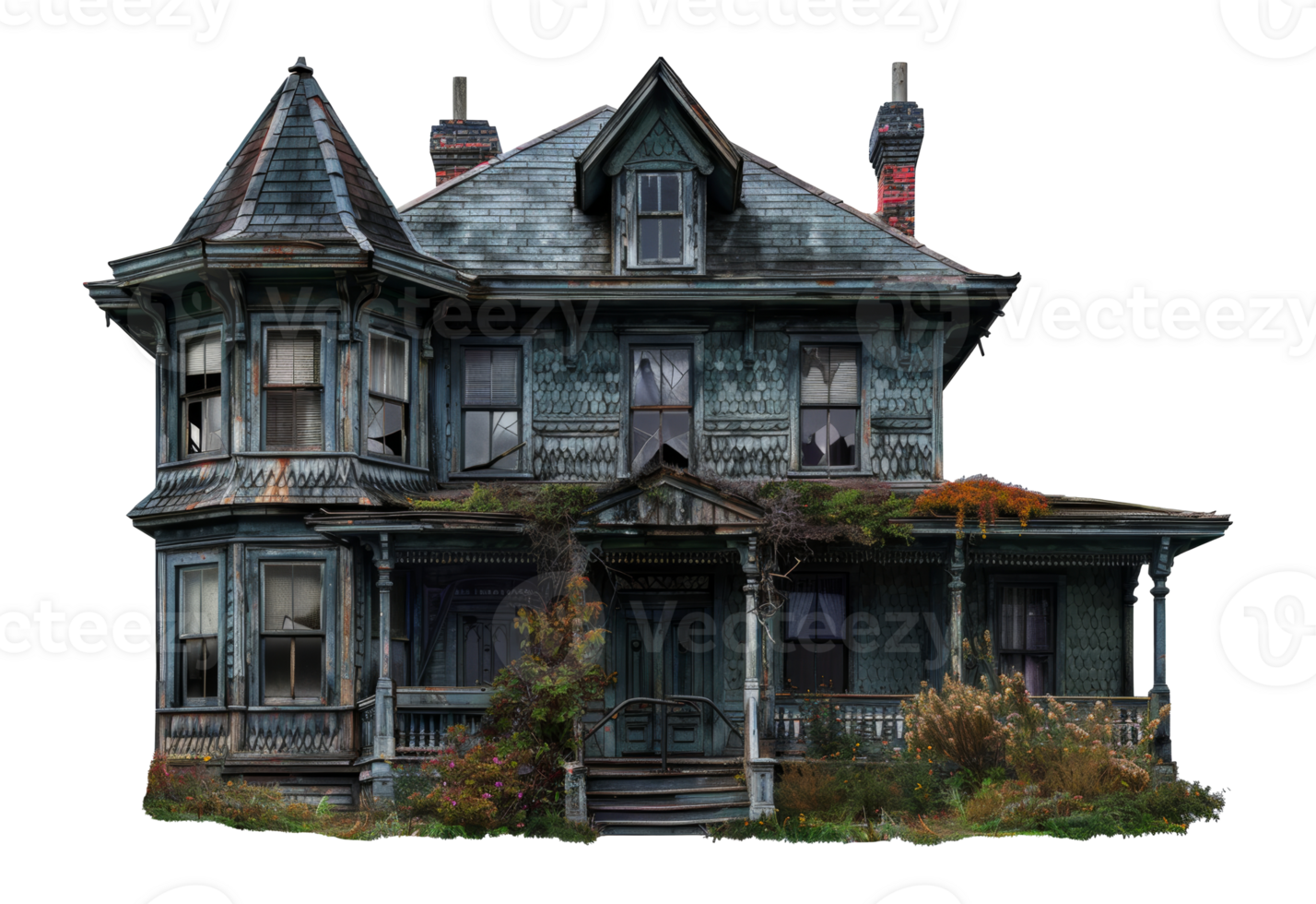 Victorian style abandoned house with detailed architecture, cut out - stock .. png