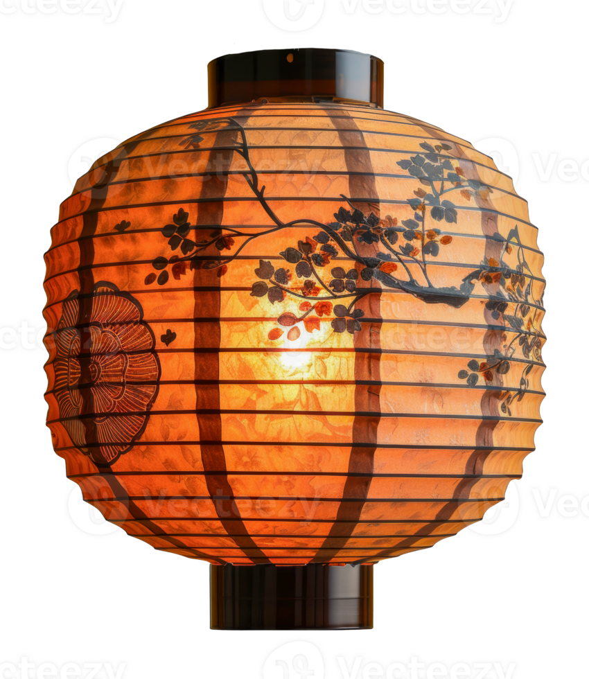 Illuminated Japanese lantern with cherry blossom artwork, cut out - stock .. png
