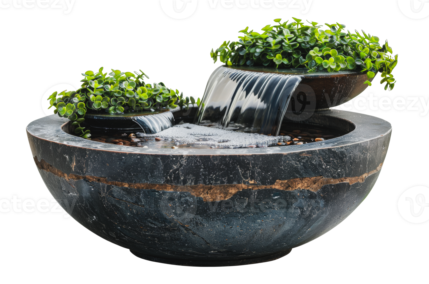 Lush garden fountain with cascading water and green plants, cut out - stock .. png