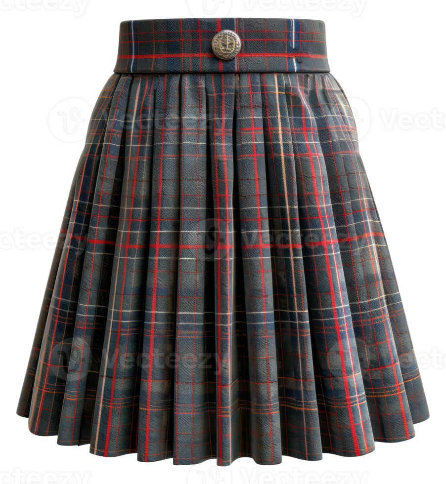 Red and black plaid skirt with belt, cut out - stock .. png