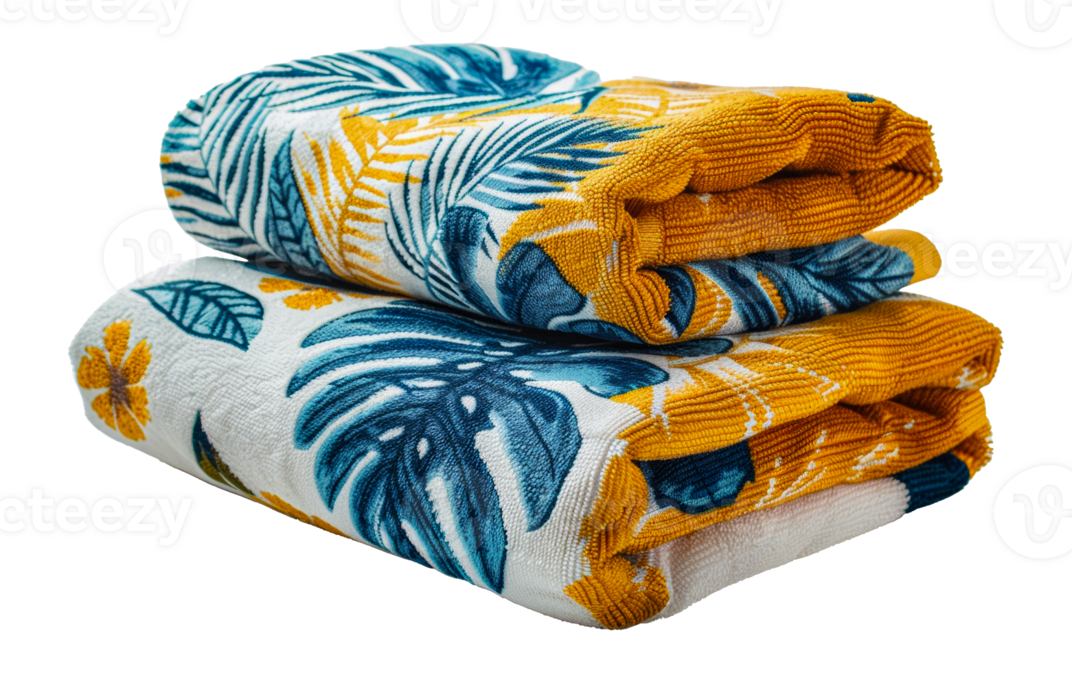 Colorful beach towels with tropical leaf patterns, cut out - stock .. png