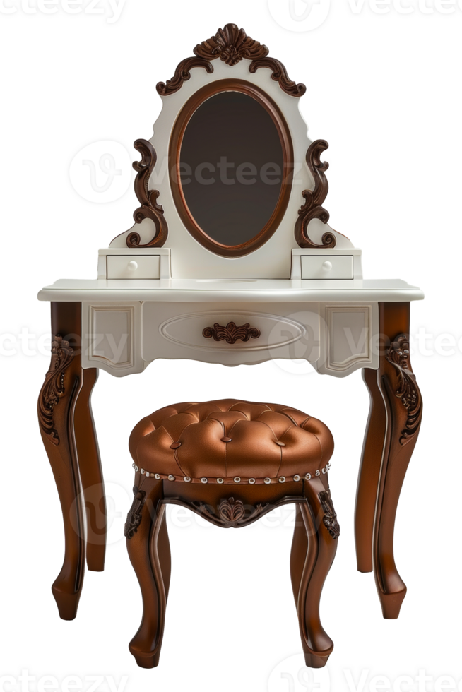 Classic wooden vanity table with mirror and stool set, cut out - stock .. png