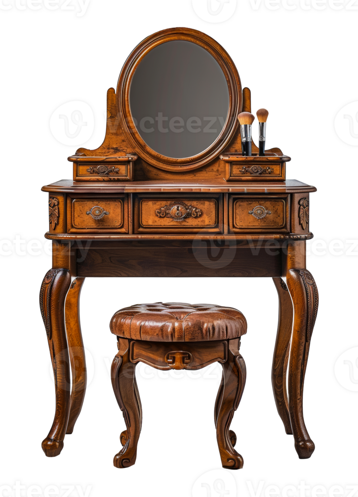 Vintage wooden vanity set with round mirror, cut out - stock .. png