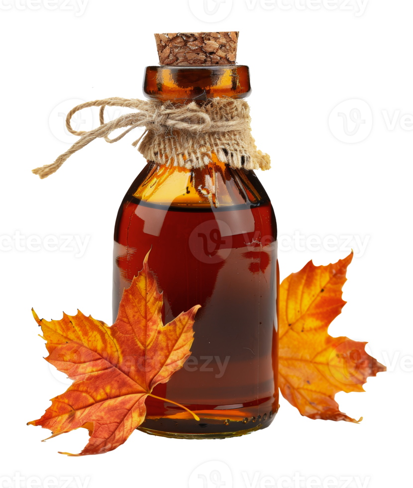 Maple syrup in a rustic bottle with autumn leaves, cut out - stock .. png