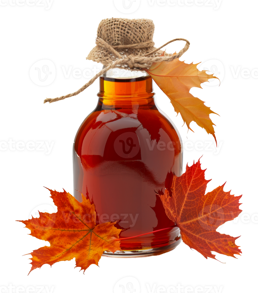Maple syrup in a rustic bottle with autumn leaves, cut out - stock .. png