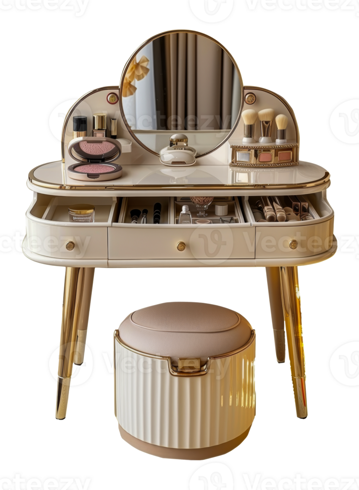 Modern vanity table with makeup and mirror on white, cut out - stock .. png