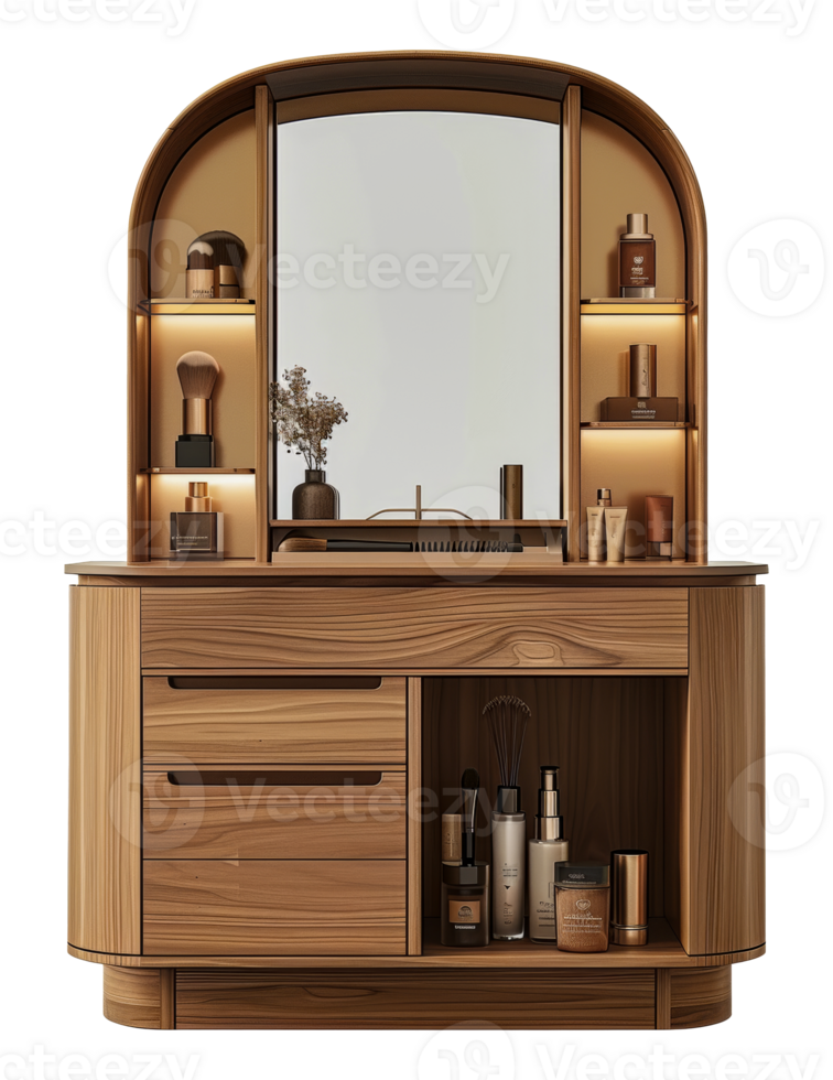 Elegant wooden vanity with cosmetics and mirror, cut out - stock .. png