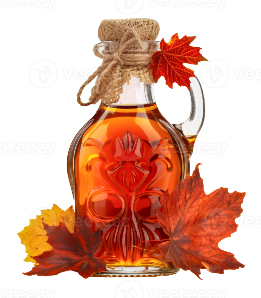Decorative glass bottle of maple syrup with leaves, cut out - stock .. png
