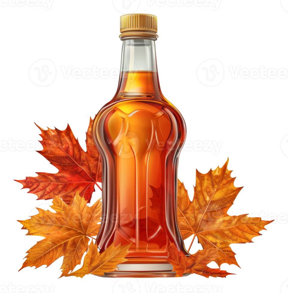 Maple syrup in a rustic bottle with autumn leaves, cut out - stock .. png