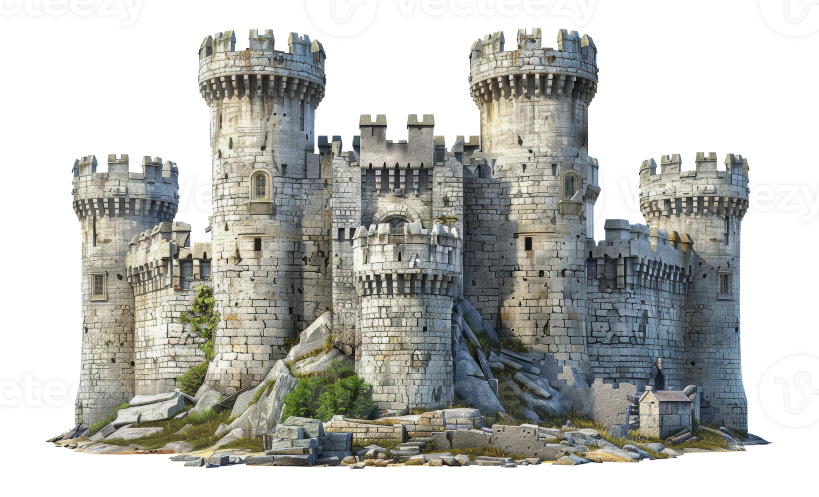 Medieval castle with multiple towers, cut out - stock .. png