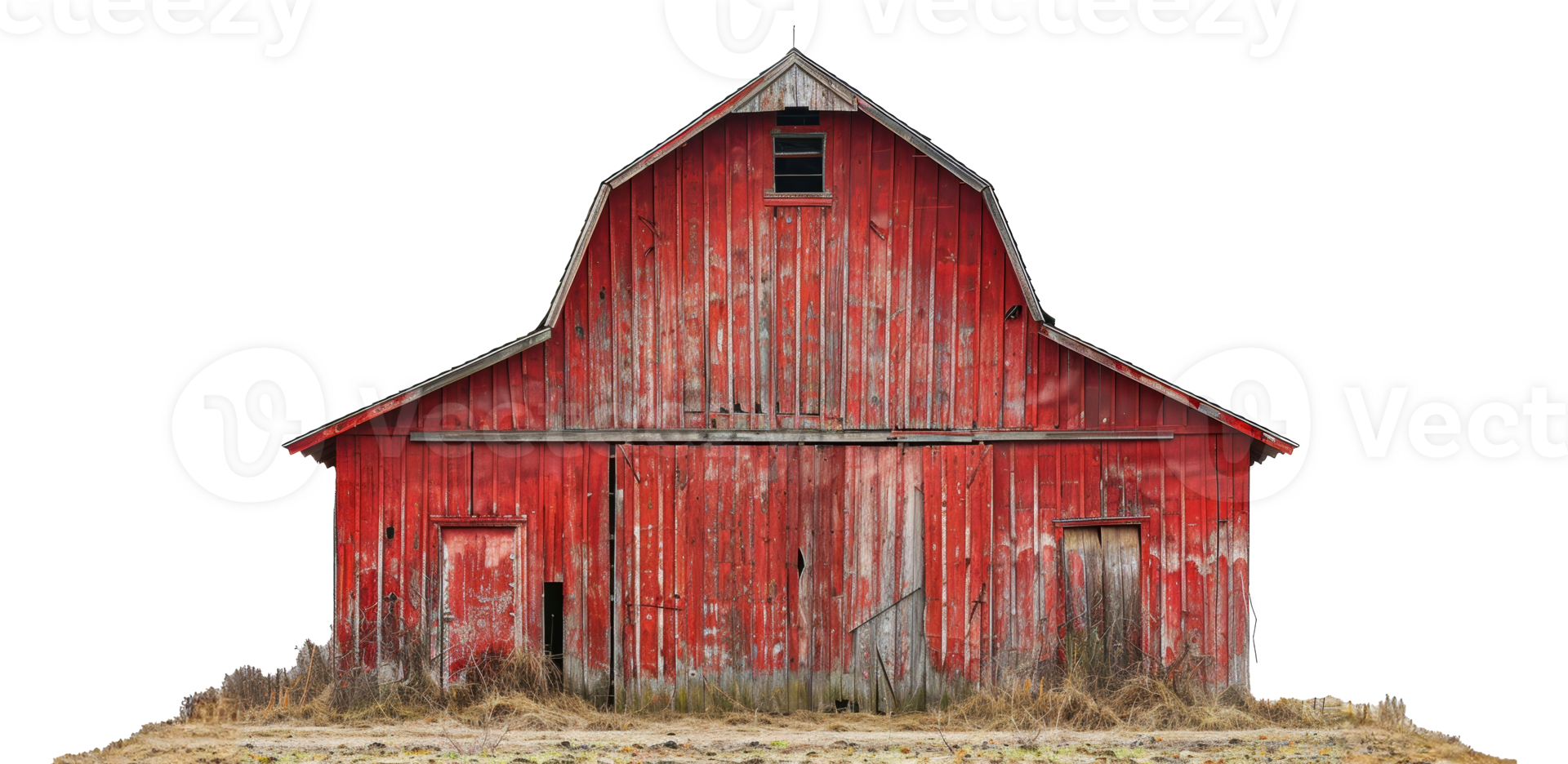 Weathered red barn in golden field, cut out - stock .. png