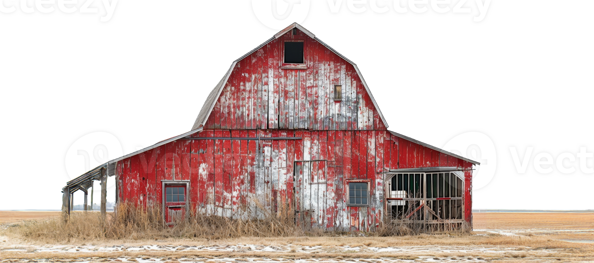 Weathered red barn in golden field, cut out - stock .. png