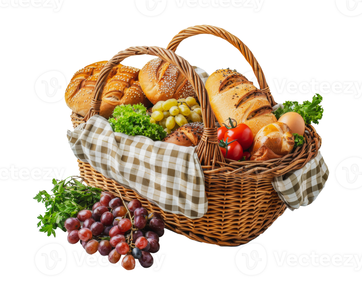 Picnic basket filled with bread, grapes and fresh produce, cut out - stock . png