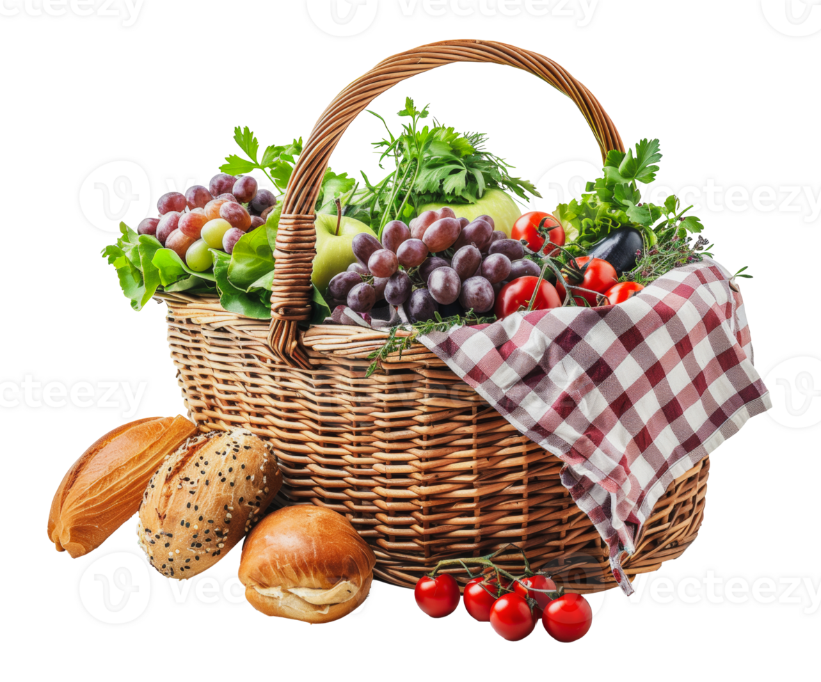 Wicker picnic basket with colorful vegetables and fruits, cut out - stock . png