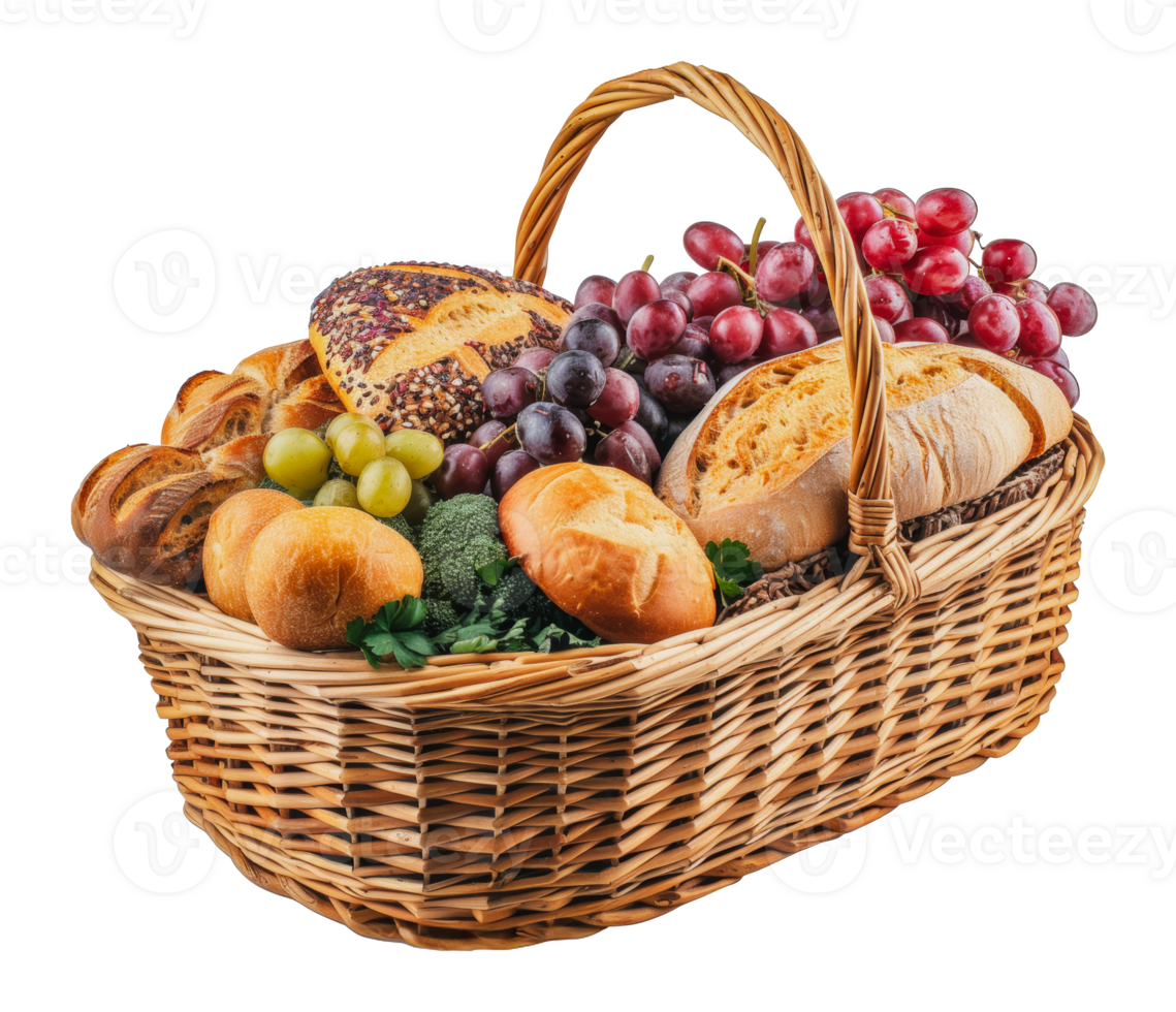 Picnic basket filled with bread, grapes and fresh produce, cut out - stock . png