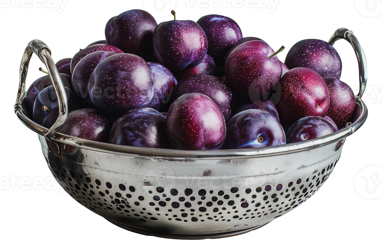 Fresh ripe plums with water drops in metal colander, cut out - stock . png