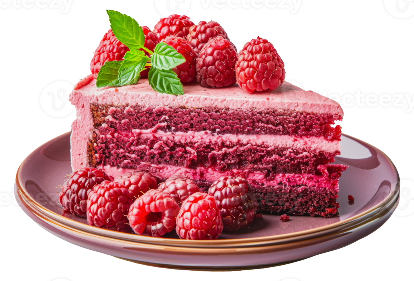 Slice of raspberry layer cake on a plate, cut out - stock . png