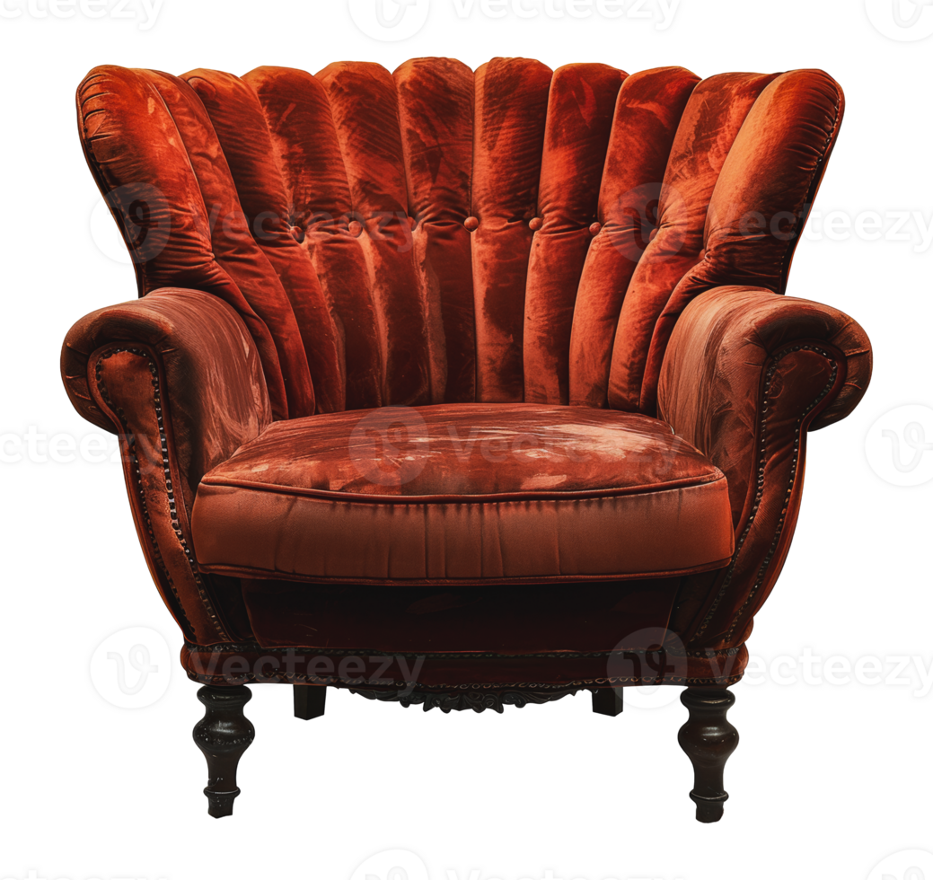 Red velvet armchair with black legs, cut out - stock . png