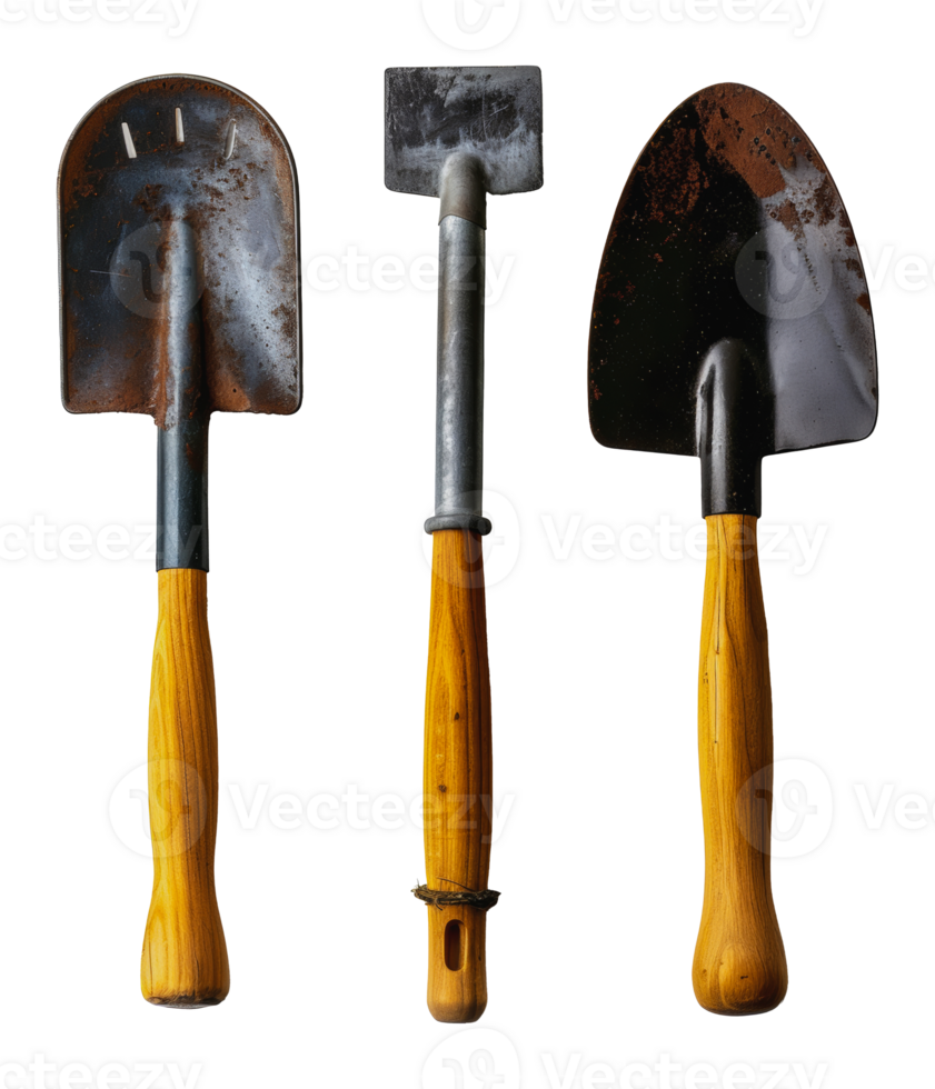 Rusty garden tools with wooden handles, cut out - stock . png
