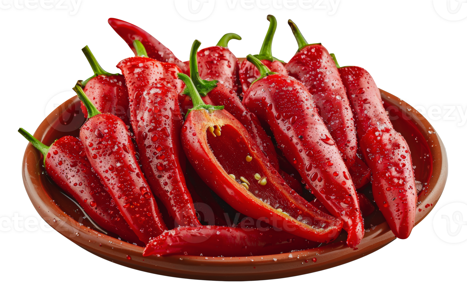 Wet red chili peppers on a plate, cut out - stock . png