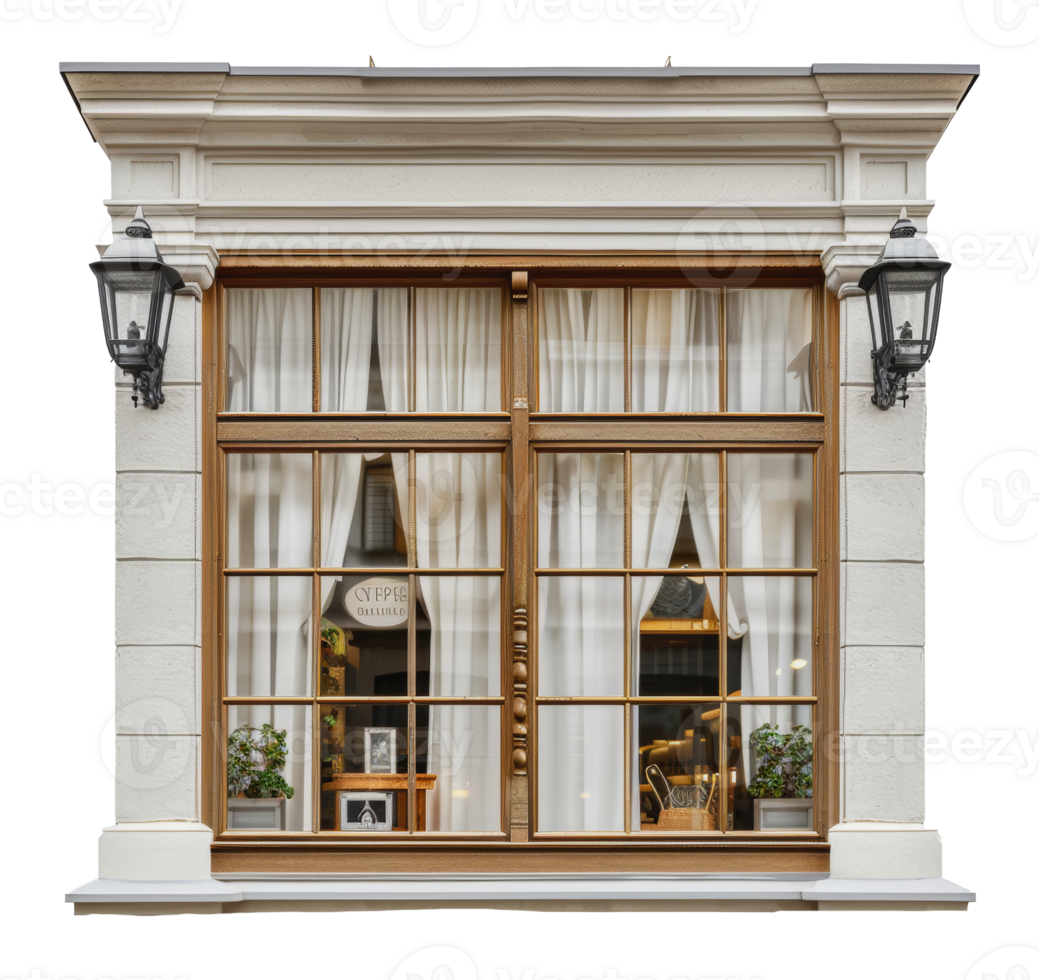 Vintage storefront with metal frame and glass windows, cut out - stock . png