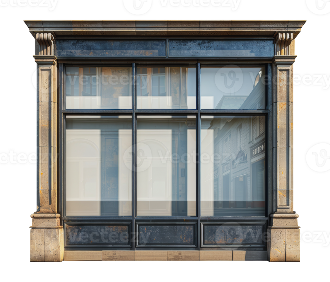 Vintage storefront with metal frame and glass windows, cut out - stock . png