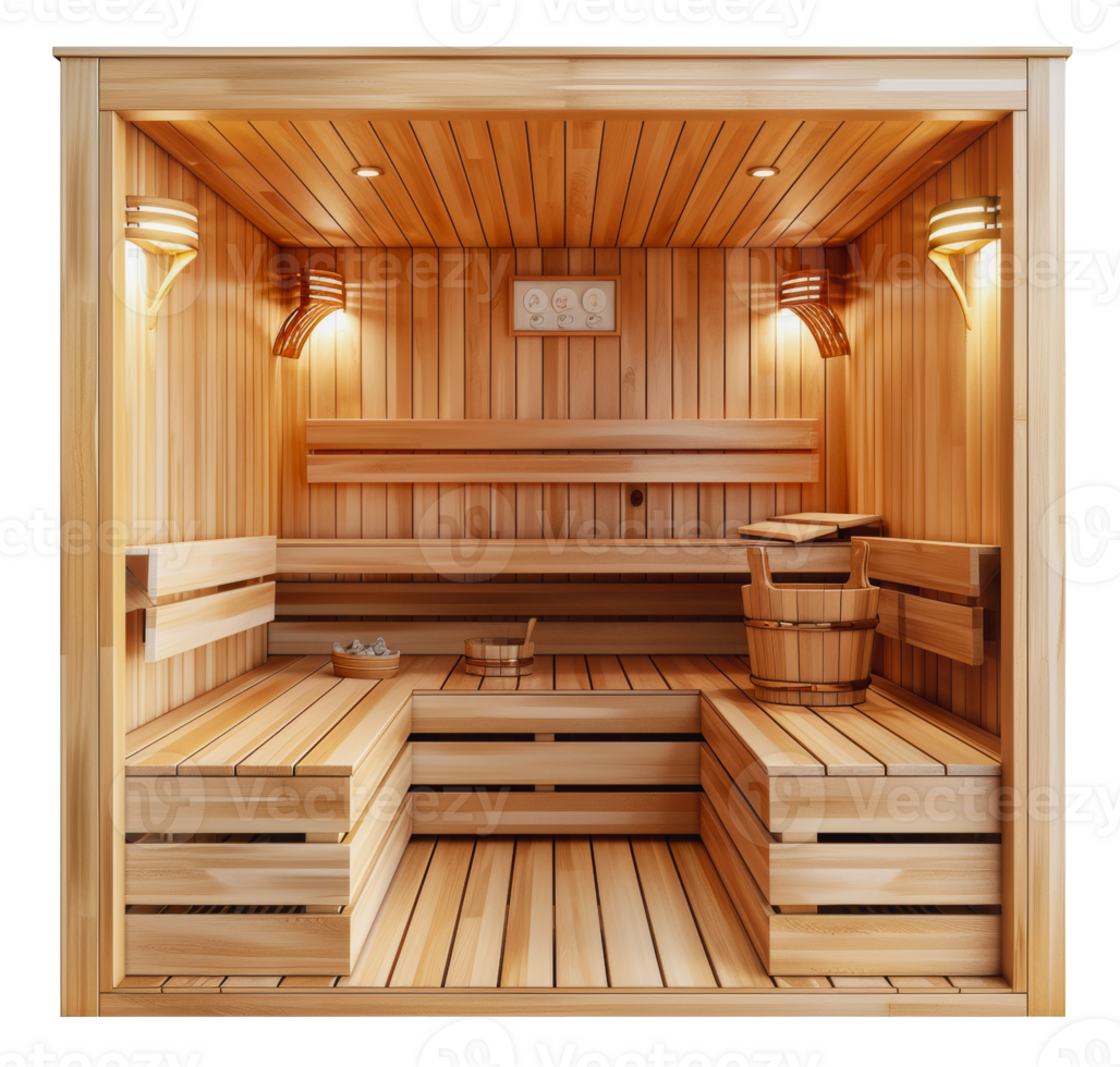 Modern wooden sauna interior design, cut out - stock . png