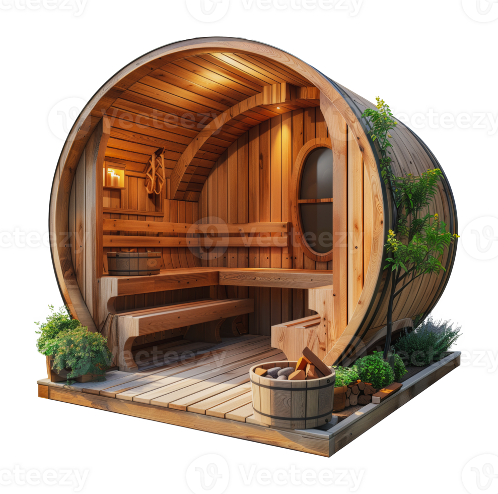 Outdoor barrel sauna with greenery, cut out - stock . png