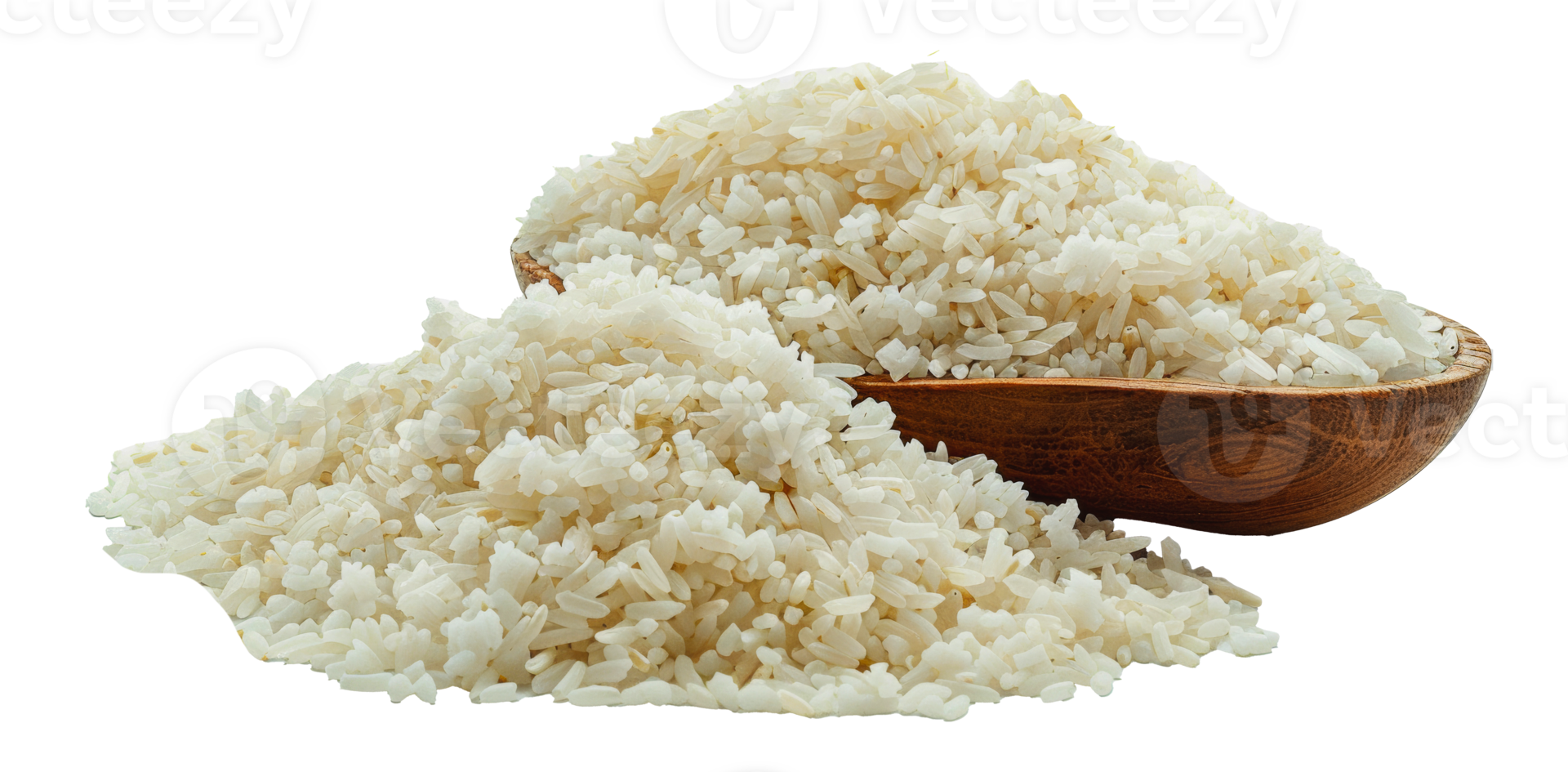 Uncooked white rice in wooden bowl, cut out - stock . png