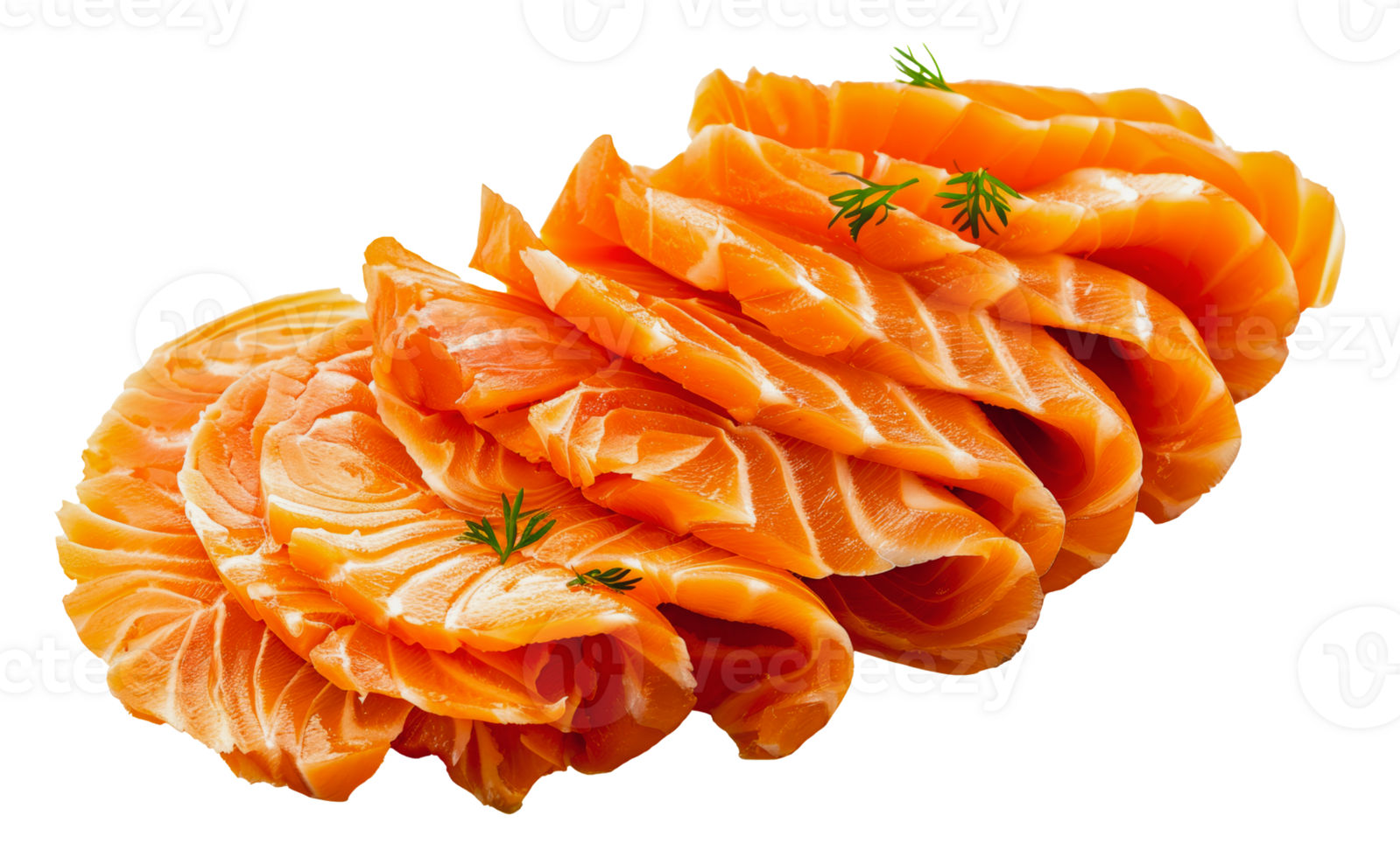 Fresh sliced salmon with dill garnish, cut out - stock . png