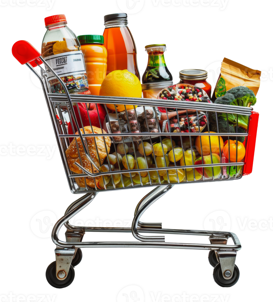 Full shopping cart with groceries, cut out - stock . png