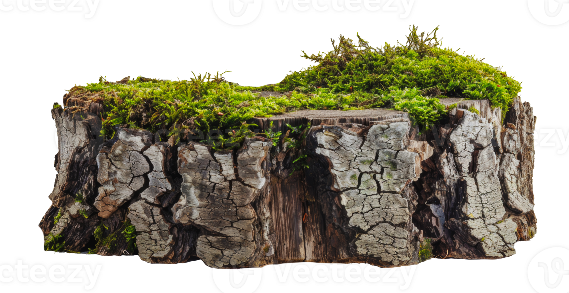 Mossy tree stump with greenery, cut out - stock . png