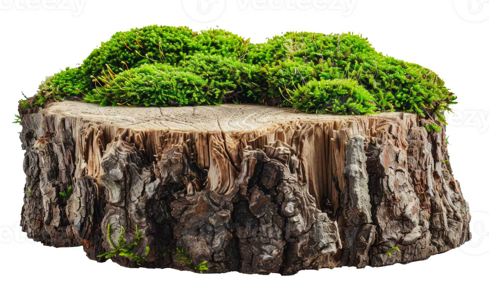 Mossy tree stump with greenery, cut out - stock . png
