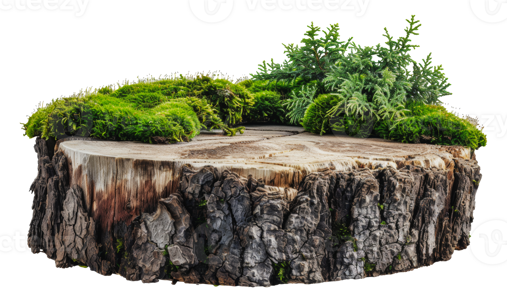 Mossy tree stump with greenery, cut out - stock . png