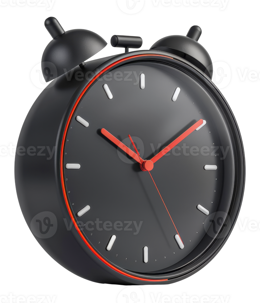 Sleek black alarm clock with red hands, cut out - stock . png