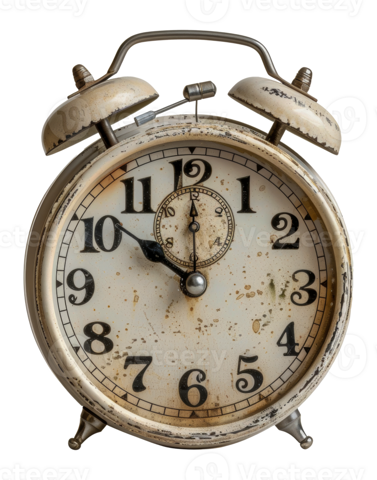 Antique white alarm clock with distressed finish, cut out - stock . png