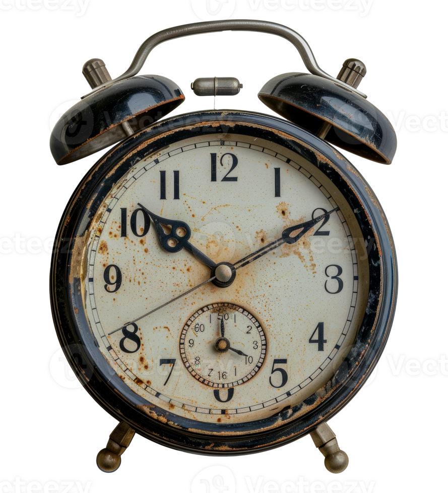 Antique black alarm clock with distressed finish, cut out - stock . png