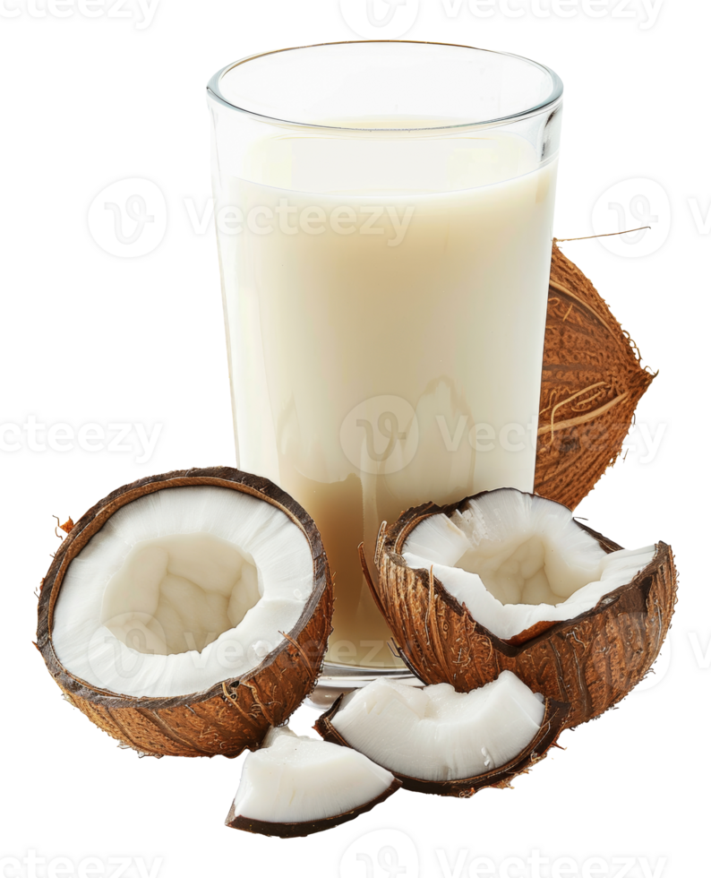 Fresh coconut and glass of coconut milk, cut out - stock . png