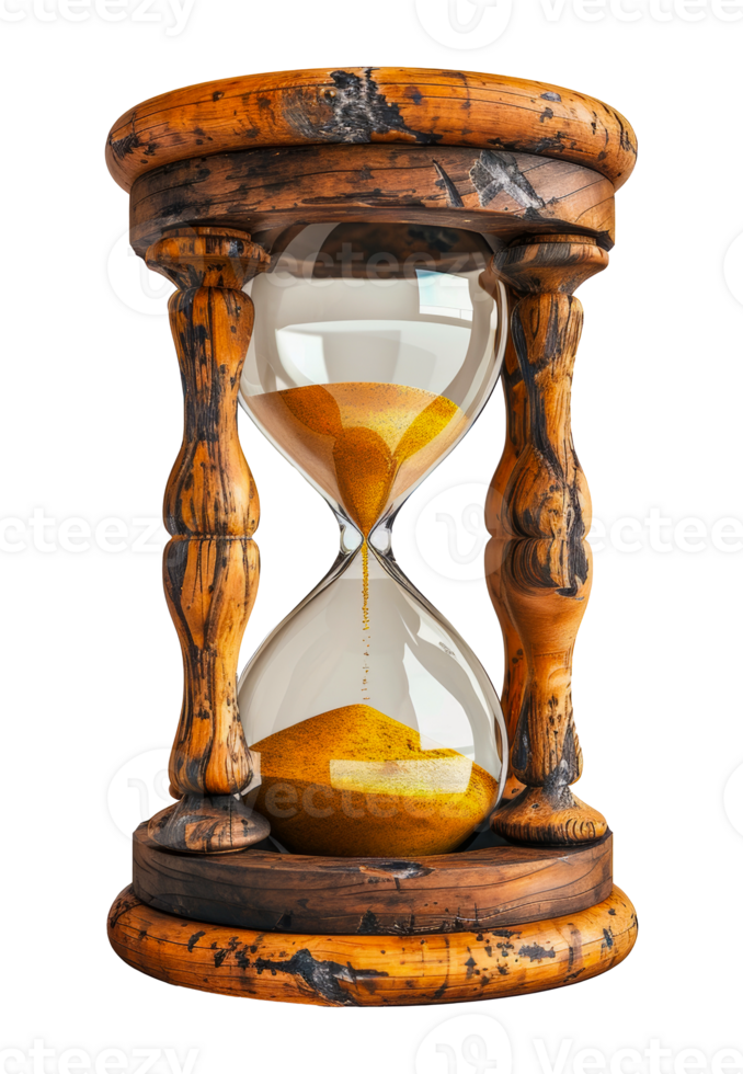 Classic hourglass with wooden caps and sand timer, cut out - stock . png