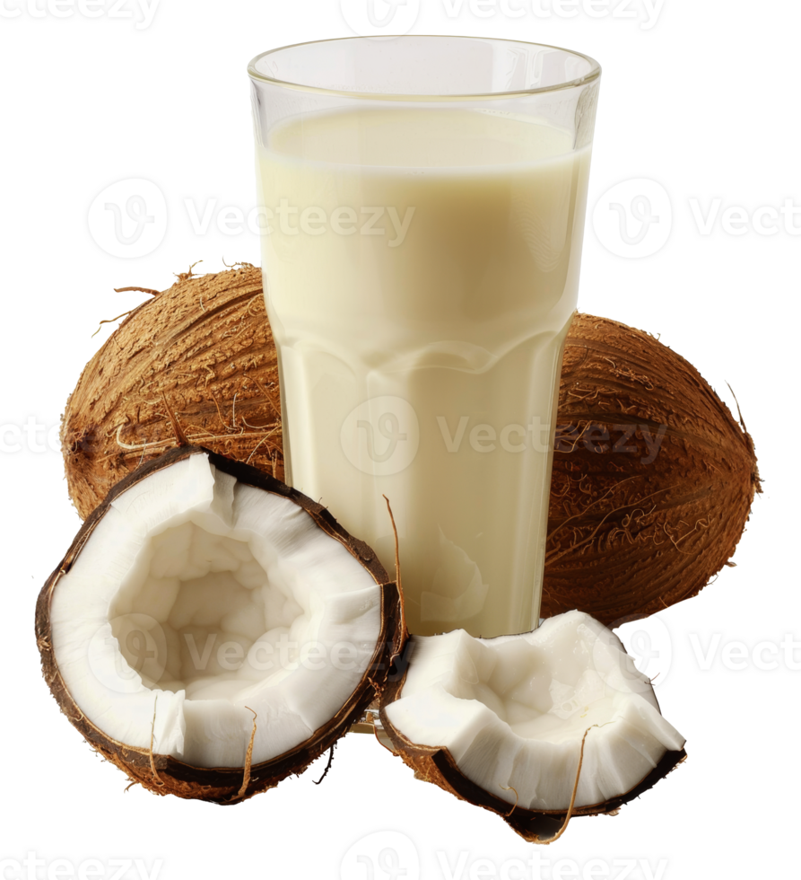 Fresh coconut and glass of coconut milk, cut out - stock . png