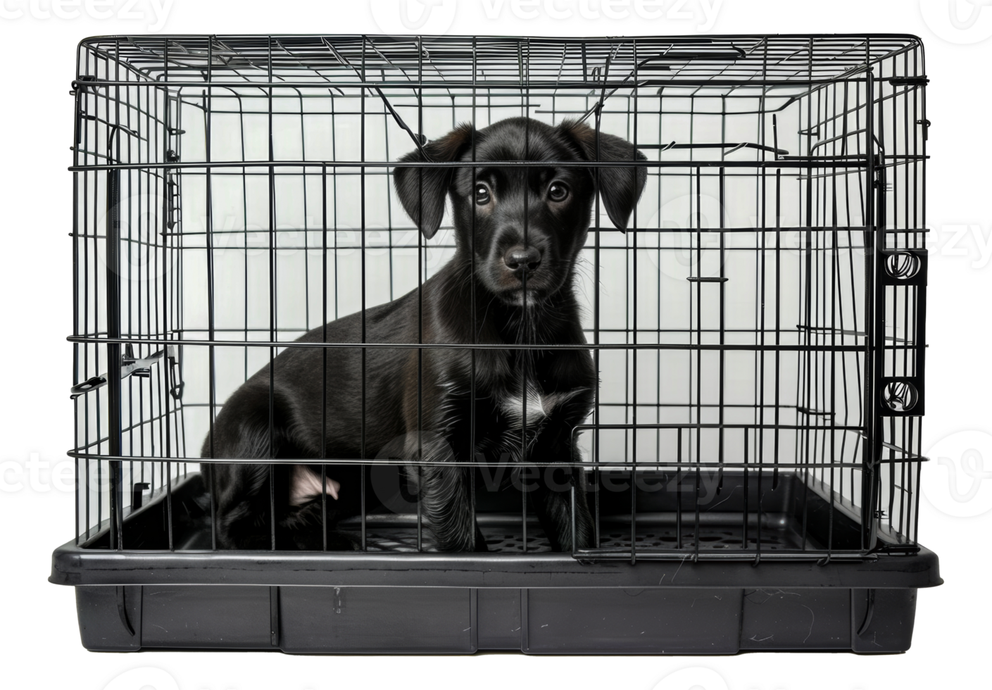 Black puppy in a wire crate looking out, cut out - stock . png