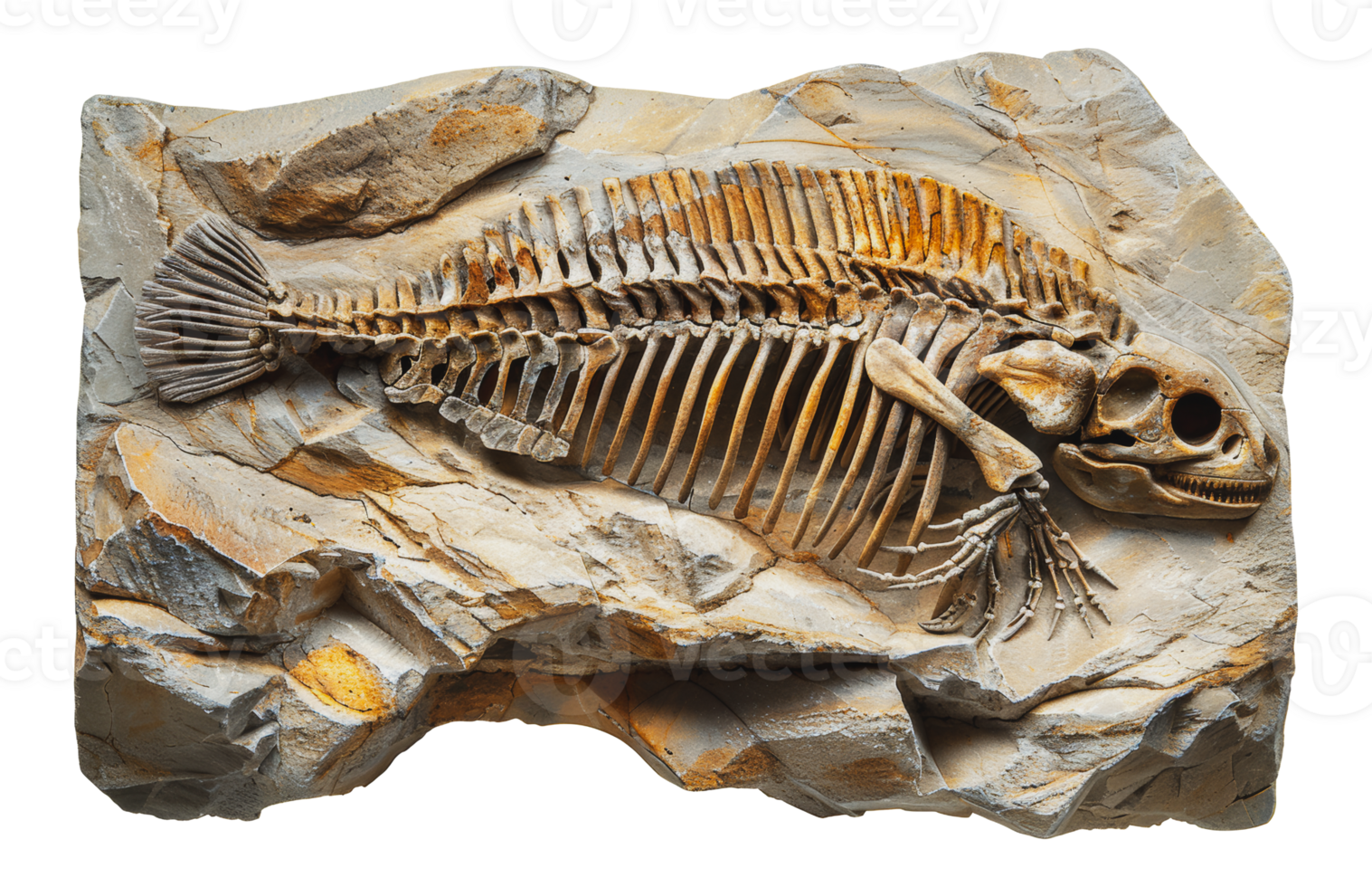 Detailed fish fossil on rock, cut out - stock . png