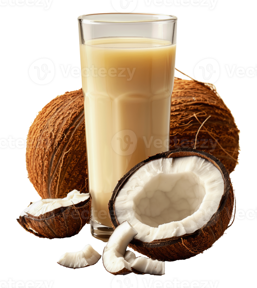 Fresh coconut and glass of coconut milk, cut out - stock . png