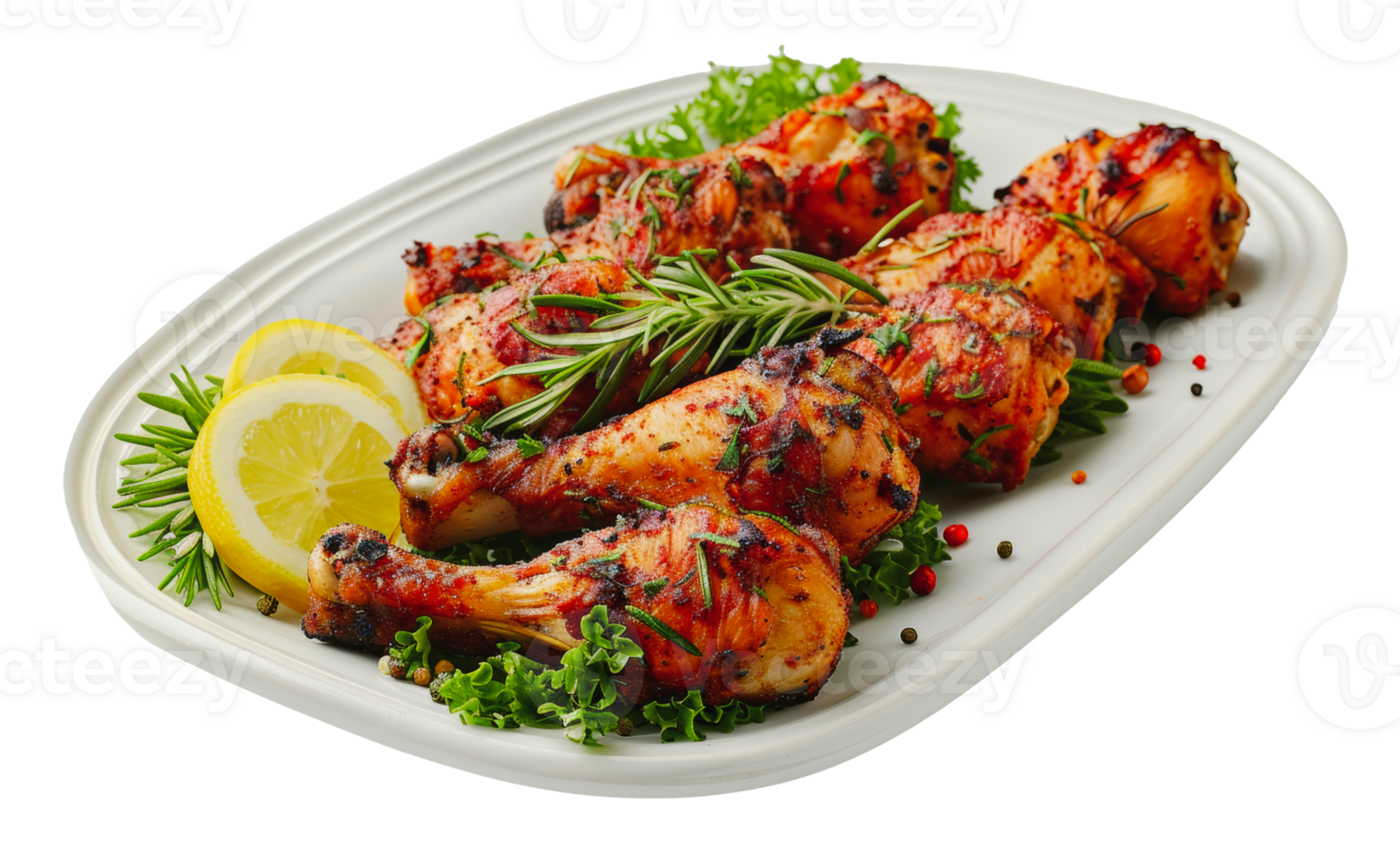 Grilled chicken drumsticks with lemon and herbs on white plate, cut out - stock . png