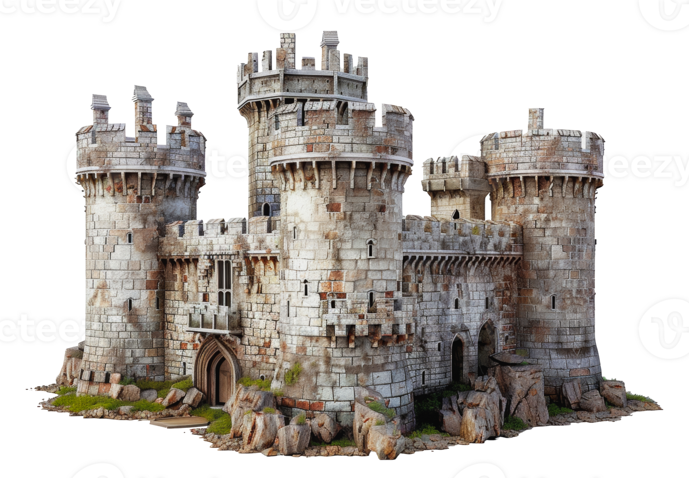 Stone castle model with greenery, cut out - stock . png